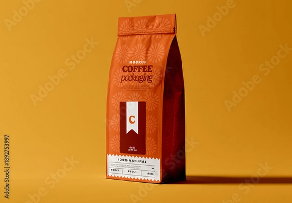 Fototapeta Coffee Packaging Bag Mockup with Folded Top on Solid Background