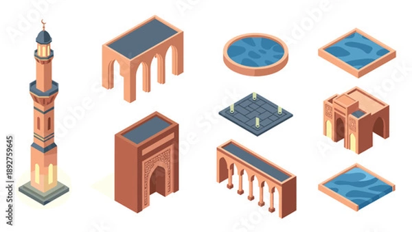Obraz Isometric architectural elements featuring arches and pools