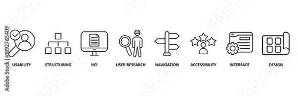 Obraz UX design icon set illustration contain usability, structuring, hcl, user research, navigation, accessibility, interface and design 