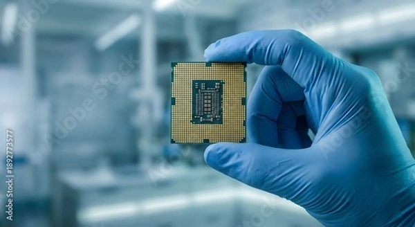 Obraz Scientist in blue gloves holding a microchip processor in laboratory