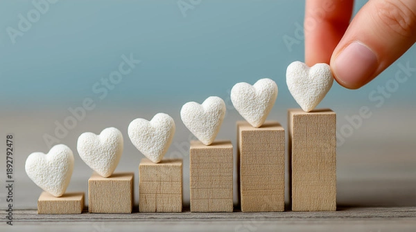 Obraz 木のブロックとハートで表す満足度の向上 段階評価のイメージ