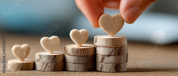 Obraz 木のブロックとハートで表す満足度の向上 段階評価のイメージ
