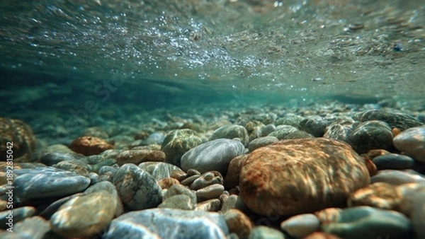 Obraz Underwater Riverbed with Rocks and Bubbles