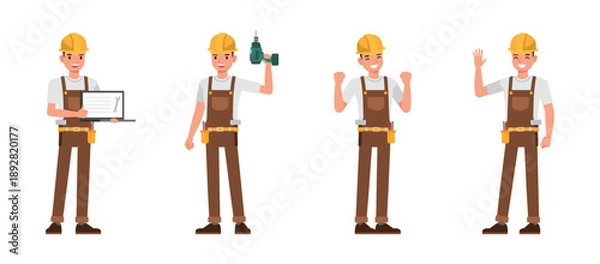 Obraz Male carpenter character vector illustration design set.