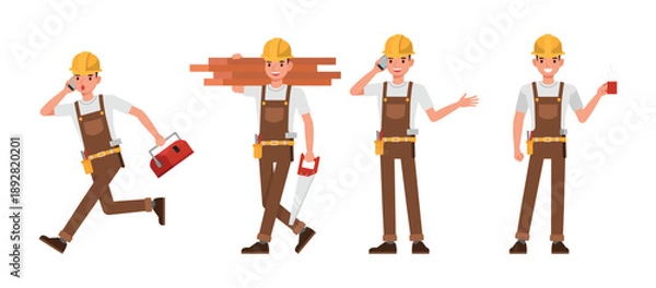 Obraz Male carpenter character vector illustration design set.