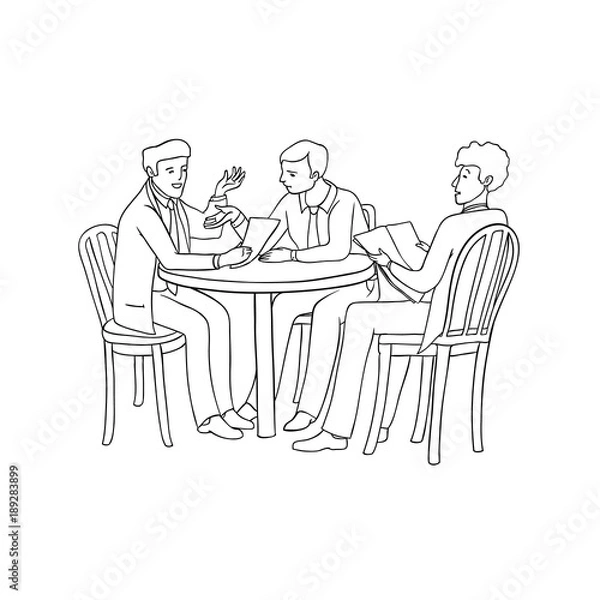Fototapeta Vector sketch black contour isolated illustration of business people. Men at a meeting or negotiations, sitting at a round table and discussing something. Young entrepreneurs, take a joint decision.