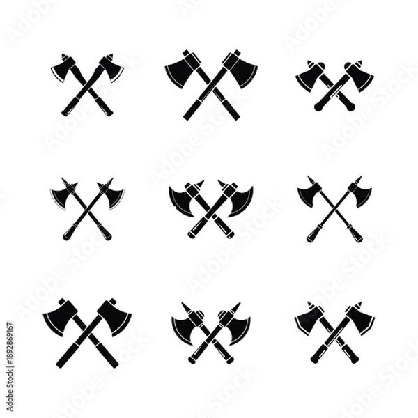 Obraz Crossed Battle Axe Icon Set in Solid Black Silhouette Vector Illustration.