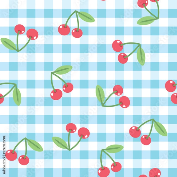 Obraz Blue checkered background with cherries