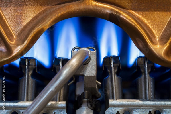 Obraz The fire burns in the modern water heater without cover. Closeup, selective focus