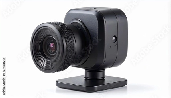 Obraz Modern black webcam with rectangular design, textured focus ring, circular privacy shutter, and adjustable base.