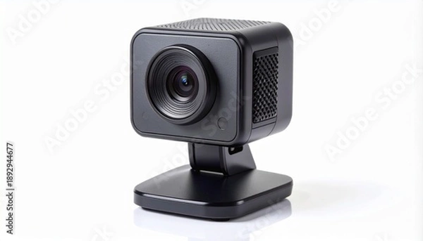 Obraz Modern black webcam with rectangular design, textured focus ring, circular privacy shutter, and adjustable base.