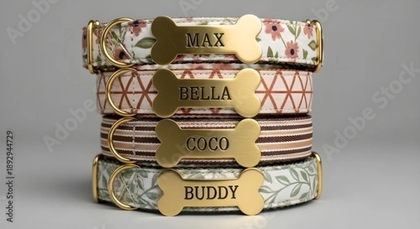 Obraz Stack of stylish patterned dog collars with engraved gold bone shaped name tags