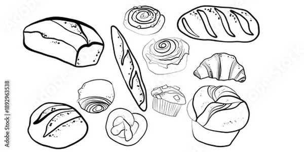Obraz Bakery Bread and Pastry Set – Hand Drawn Vector Illustration