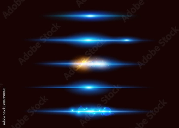 Fototapeta Zestaw efektów świetlnych wektor neon. Streszczenie świecące niebieskie linie. Element projektu interfejsu użytkownika. Efekt flary przezroczystego obiektywu. Futurystyczny, żywy blask do projektowania gier, banerów, plakatów, przycisków.