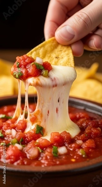 Obraz Hand dipping tortilla chip into queso.