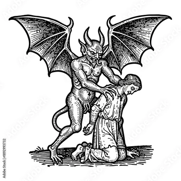 Obraz A demon or devil creature attacking a man.