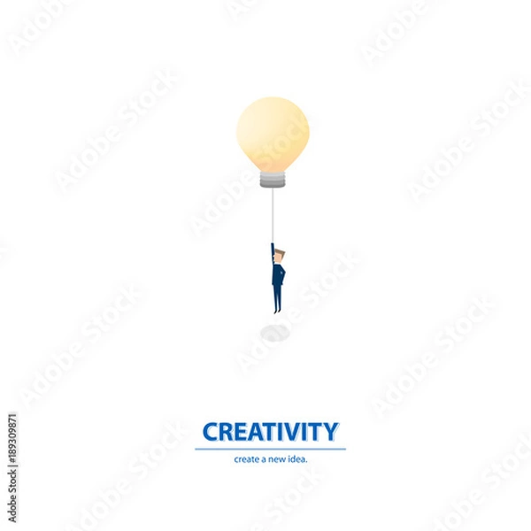 Fototapeta Think outside business concept, businessman having unique creative idea for solution. Businessman flying with light bulb. Vector illustration.