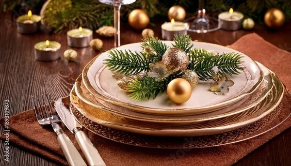 Obraz Elegant Festive Table Setting With Christmas Decorations