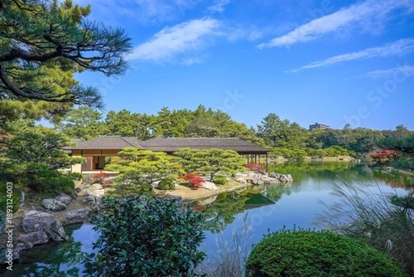 Obraz 青空に映える美しい日本庭園と伝統的な数寄屋造りの建築風景