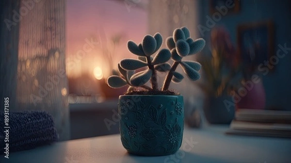 Obraz Teal Potted Succulent By Window At Sunset