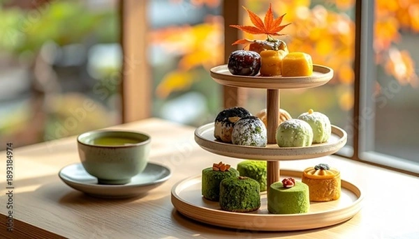 Obraz 和モダン秋色アフタヌーンティーと抹茶スイーツ