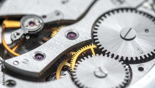 Obraz Intricate mechanical watch movement with interlocking gears and silver components.