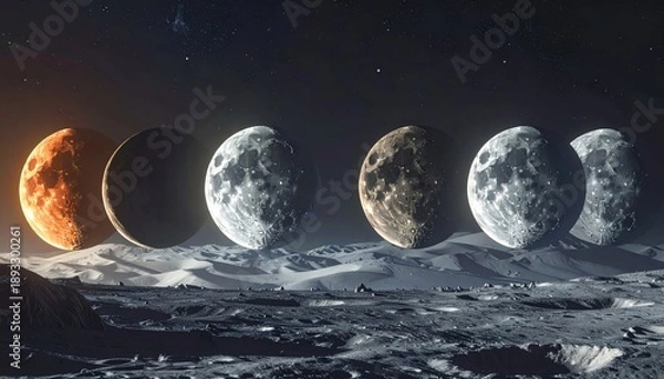 Obraz Lunar Eclipse Phases Over Cratered Moon Surface.