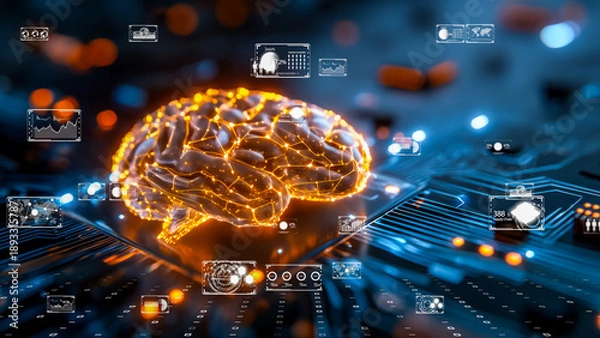 Fototapeta Future-style digital brain where artificial intelligence and data processing merge