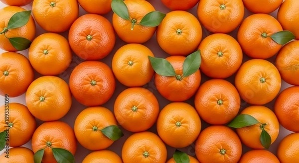 Obraz Fresh Oranges Pattern on Orange Background with Green Leaves