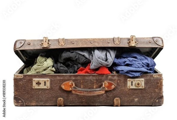 Obraz Old suitcase full of clothes isolated on white background
