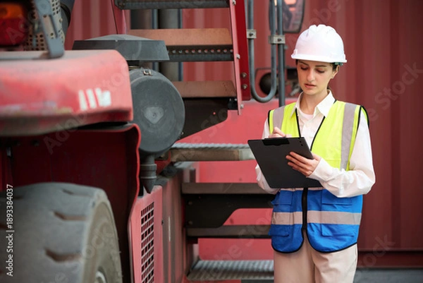 Obraz Worker doing an inspection forklift at container yard