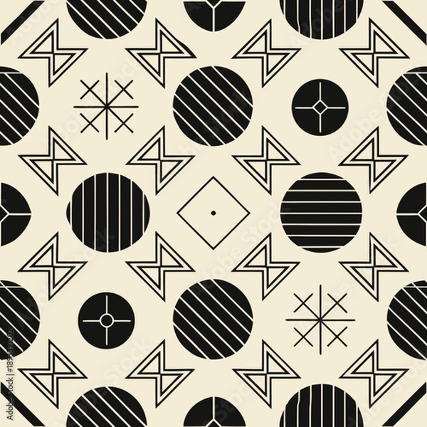 Fototapeta Geometric seamless vector pattern with black circles and shapes  