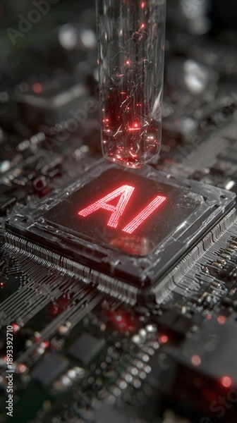 Obraz AI Microprocessor Chip with Red Glowing Letters on Circuit Board Technology Concept