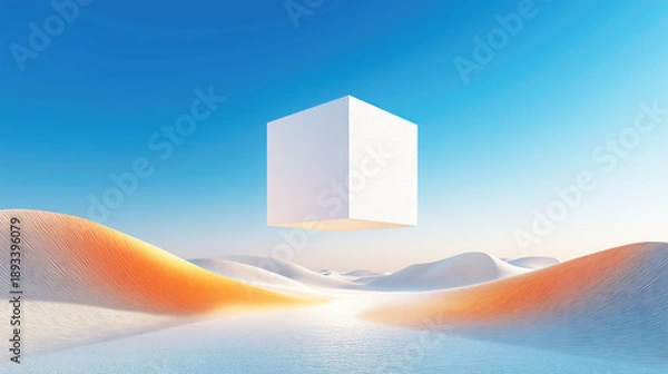 Fototapeta Levitating White Cube Over Desert Lagoon
