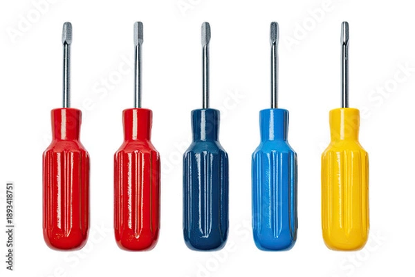 Fototapeta Five different-colored, ribbed-handled screwdrivers