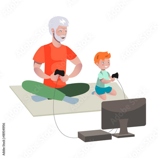 Obraz Grandfather And Boy Playing Video Games