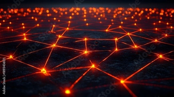 Fototapeta Glowing interconnected nodes form a complex digital network structure across a dark surface.
