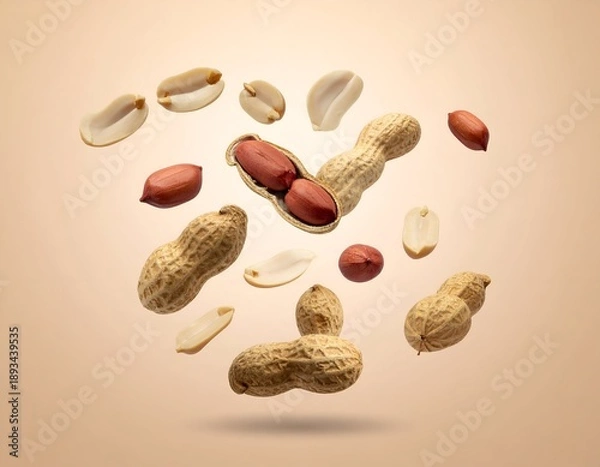 Fototapeta Peanuts in various forms float against a tan background