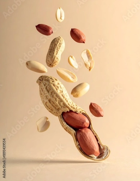 Fototapeta Floating peanuts, shell cracked open, against a beige background