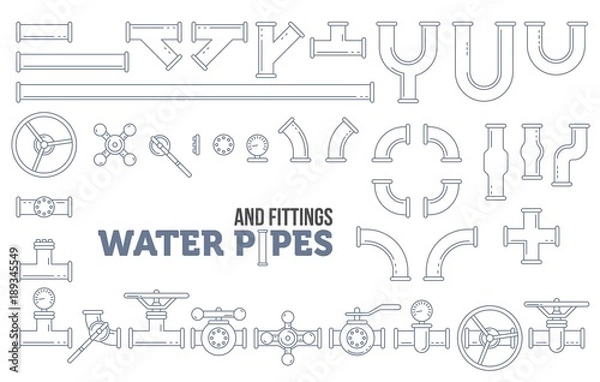 Fototapeta Elements of a plumbing. Pipes, cranes. Linear design Vector illustration