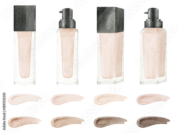 Obraz 水彩画風のリキッドファンデーションと肌の色見本のイラストセット