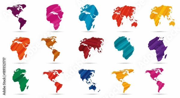 Obraz Vibrant World Map Illustrations in Various Colors and Patterns