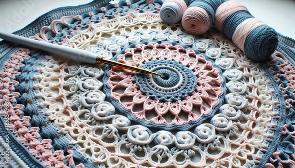 Obraz Häkeldecke mit Häkelnadel und Wolle