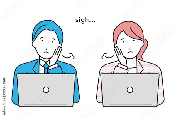 Fototapeta パソコンを見てため息をつく若いビジネスマンとビジネスウーマン