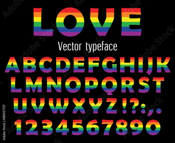 Obraz Multicolored celebrate pride typeface. ABC colorful letters and numbers isolated on black. Vector illustration.