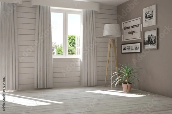 Obraz White empty room with summer landscape in window. Scandinavian interior design. 3D illustration