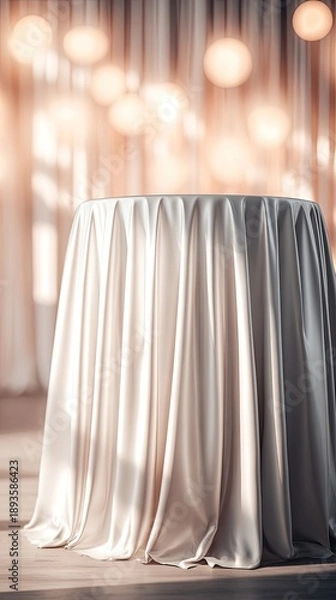 Obraz Empty Round Table Covered With Draped White Cloth