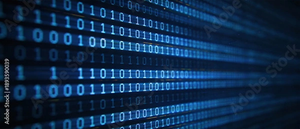 Obraz Binary code displayed in a digital matrix with glowing blue digits on a dark background
