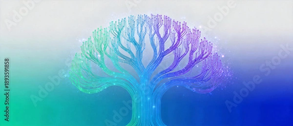 Fototapeta Digital tree with glowing branches in a gradient background