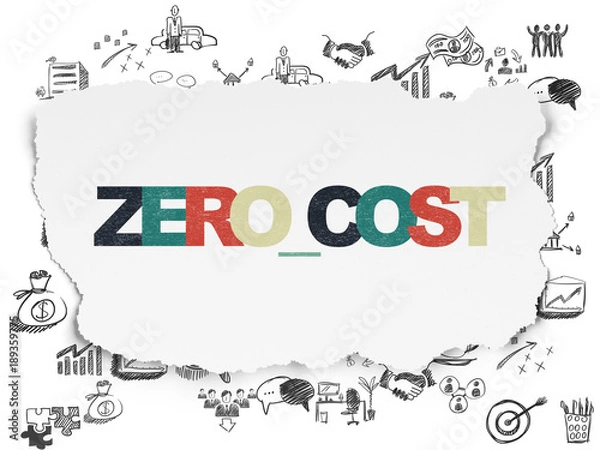 Fototapeta Finance concept: Painted multicolor text Zero cost on Torn Paper background with  Hand Drawn Business Icons